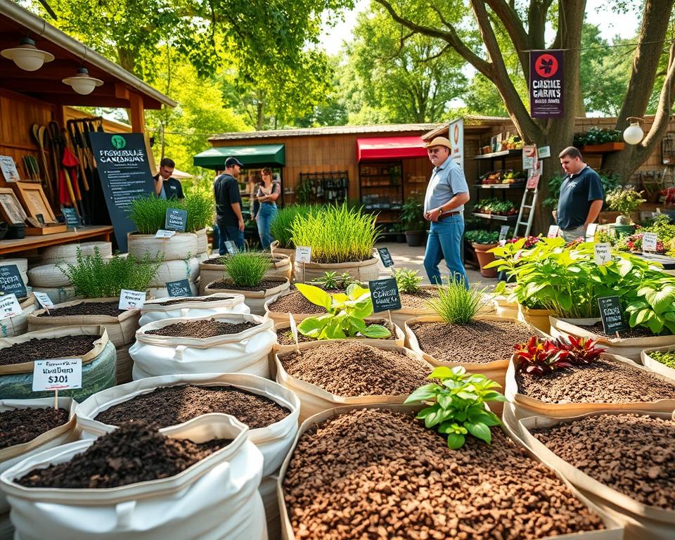 A vibrant garden center showcasing an array of affordable substrate options for home gardening. In the foreground, neatly arranged bags of potting soil, mulch, and compost, labeled with colorful tags indicating their prices. The middle ground features various plants thriving in their substrates, emphasizing healthy growth, with a knowledgeable salesperson in modest casual clothing helping customers. The background depicts a well-organized outdoor space with gardening tools and signage guiding visitors, bathed in warm, natural sunlight filtering through tree leaves. The scene conveys a friendly, inviting atmosphere, encouraging gardening novices to explore economical substrate solutions. The angle should be slightly elevated, capturing the lush colors and textures of the products against the backdrop of greenery.