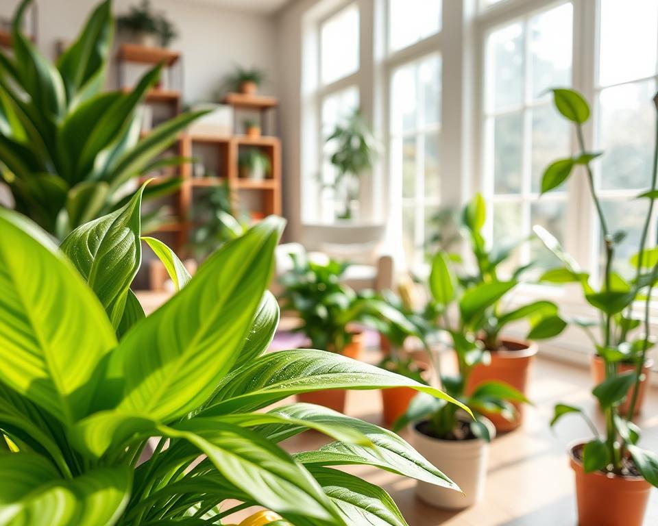 A vibrant indoor scene featuring a variety of oxygenating plants such as snake plants, peace lilies, and pothos, each displayed in stylish pots. In the foreground, focus on the lush green leaves, glistening with morning dew, capturing the vitality of the plants. The middle ground showcases a well-lit room with large windows allowing soft, natural light to filter in, casting gentle shadows. In the background, subtle suggestions of furniture—a cozy chair and wooden shelves—add warmth to the ambiance. The overall atmosphere is serene and refreshing, reflecting the air-purifying benefits of these plants. Utilize a wide-angle lens to enhance depth and perspective, creating a calming and inviting environment.