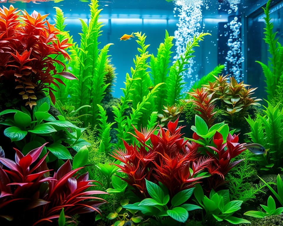 A vibrant, lush underwater scene featuring various varieties of Cryptocoryne aquarium plants in the foreground, showcasing their diverse leaf shapes and textures in shades of green, red, and brown. In the middle ground, other aquatic plants provide contrast and depth, while small, colorful fish weave through the foliage, enhancing the liveliness of the ecosystem. The background is softly blurred, hinting at the depth of the aquarium, with gentle bubbles rising in the water, creating a serene ambiance. The lighting is soft and natural, casting gentle shadows and highlighting the plants’ details, reminiscent of sunlight filtering through water. Capture this underwater world with a slight downward angle, simulating the viewer's perspective as if peering into a thriving aquatic habitat, evoking a sense of tranquility and natural beauty.