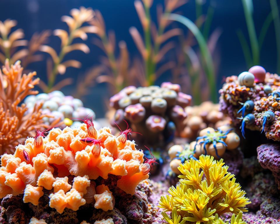 A vibrant marine aquarium scene featuring a variety of clean tank invertebrates such as peppermint shrimp, cerith snails, and blue leg hermit crabs. In the foreground, showcase a cluster of colorful coral formations, with the invertebrates actively cleaning algae and detritus from the surfaces. The middle ground features crystal-clear water with light filtering through, illuminating the diverse shapes and textures of marine life. The background should include a soft-focus view of aquatic plants swaying gently in the currents. Use warm, natural lighting to create a serene and lively atmosphere, capturing the beauty and ecological importance of these tank inhabitants. Aim for a close-up shot to highlight the details and colors of the invertebrates, emphasizing their role in maintaining a clean aquarium environment.