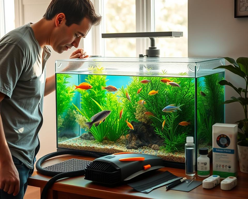 A well-lit aquarium maintenance scene in a cozy home setting. In the foreground, a person in modest casual clothing carefully checks the water temperature and quality of a vibrant fish tank filled with colorful tropical fish and lush green plants. The middle layer includes various aquarium tools like a gravel vacuum, algae scraper, and water testing kit neatly arranged on a nearby table. In the background, soft sunlight filters through a window, casting a warm glow on the tank and creating a peaceful atmosphere. The image should capture a sense of tranquility and responsibility in aquarium care, emphasizing the importance of keeping the tank environment stable for the fish’s health.