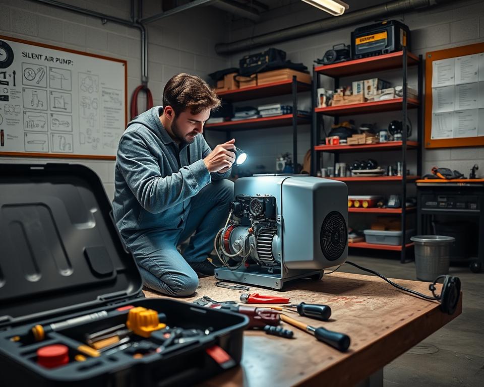 A well-lit workshop scene featuring a technician in modest casual clothing, kneeling by a silent air pump on a workbench. The technician is closely examining the pump with a flashlight in one hand, focusing on its components like hoses and filters. In the foreground, an open toolbox with various tools scattered around adds to the troubleshooting atmosphere. In the middle, a detailed view of the silent air pump showcases its sleek design, while a faint glow from overhead lights casts soft shadows. In the background, shelves filled with spare parts and a bulletin board with diagrams and troubleshooting tips enhance the technical environment. The overall mood is one of concentration and problem-solving, reflecting a serene and orderly workspace. A well-lit workshop scene featuring a technician in modest casual clothing, kneeling by a silent air pump on a workbench. The technician is closely examining the pump with a flashlight in one hand, focusing on its components like hoses and filters. In the foreground, an open toolbox with various tools scattered around adds to the troubleshooting atmosphere. In the middle, a detailed view of the silent air pump showcases its sleek design, while a faint glow from overhead lights casts soft shadows. In the background, shelves filled with spare parts and a bulletin board with diagrams and troubleshooting tips enhance the technical environment. The overall mood is one of concentration and problem-solving, reflecting a serene and orderly workspace.