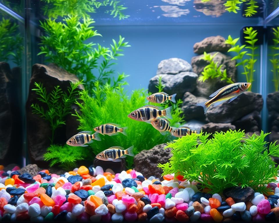 A well-maintained aquarium showcasing a vibrant Zebra Danio tank setup. In the foreground, brightly colored pebbles and aquatic plants like Java moss and Anubias are arranged artistically. The middle ground features several active Zebra Danios swimming gracefully among the plants, their distinct horizontal stripes shimmering under the light. The background displays a variety of lush green plants and decorative rocks that create a natural habitat. Soft, diffused lighting filters through the top, casting gentle reflections on the water surface, enhancing the sparkle of the fish scales. The scene is captured from a slightly elevated angle, providing a clear view of the entire tank setup while evoking a tranquil and lively ambiance suitable for fish enthusiasts.