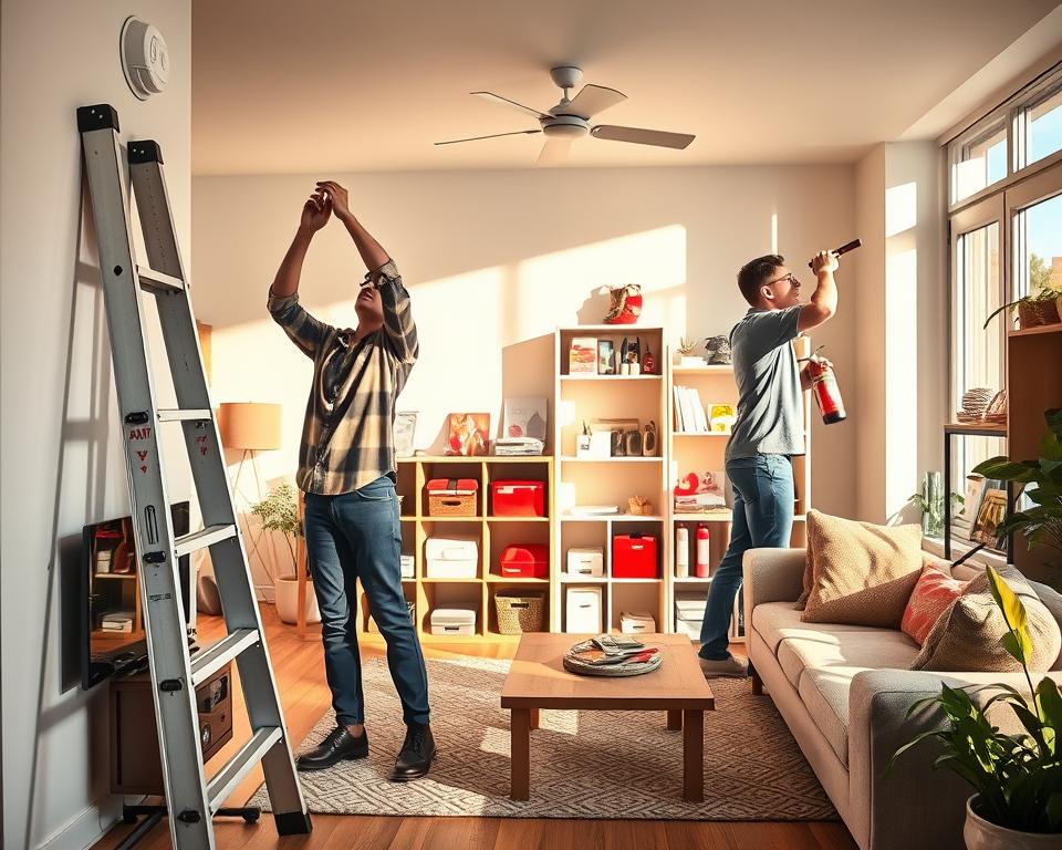 A well-maintained home safety scene showcasing a cozy living room with an array of safety maintenance tools. In the foreground, there is a sturdy ladder leaned against a wall, with a person in modest casual clothing checking smoke detectors on the ceiling, while another person is testing a fire extinguisher, both appearing focused and careful. In the middle ground, neatly organized shelves display safety gear like first aid kits and safety locks. The background features a bright, inviting room with large windows letting in natural light, creating a warm atmosphere. Soft shadows hint at a late afternoon setting, enhancing the sense of home and comfort while emphasizing the importance of safety. The overall mood is proactive, encouraging viewers to prioritize home safety maintenance. A well-maintained home safety scene showcasing a cozy living room with an array of safety maintenance tools. In the foreground, there is a sturdy ladder leaned against a wall, with a person in modest casual clothing checking smoke detectors on the ceiling, while another person is testing a fire extinguisher, both appearing focused and careful. In the middle ground, neatly organized shelves display safety gear like first aid kits and safety locks. The background features a bright, inviting room with large windows letting in natural light, creating a warm atmosphere. Soft shadows hint at a late afternoon setting, enhancing the sense of home and comfort while emphasizing the importance of safety. The overall mood is proactive, encouraging viewers to prioritize home safety maintenance.