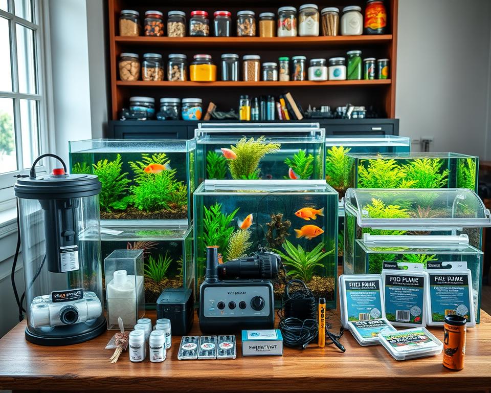 A well-organized display of cost-effective fishkeeping equipment arranged on a wooden table. In the foreground, a gently used aquarium filter, a reliable air pump, and a set of essential water testing kits are prominently featured, showcasing their practicality. The middle section displays an assortment of budget-friendly aquariums of different shapes and sizes, each filled with vibrant aquatic plants and colorful fish, creating a lively scene. The background features shelves lined with jars of fish food and maintenance supplies. Soft, natural lighting filters through a nearby window, casting gentle shadows and reflecting off the glass surfaces. The atmosphere is inviting and serene, evoking a sense of ease and simplicity in fishkeeping while highlighting the affordability of used equipment.