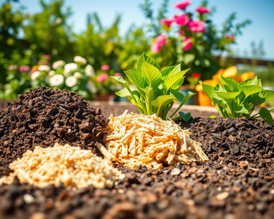 A well-organized garden scene showcasing a variety of affordable substrate materials, such as compost, coconut coir, and mulch, artistically arranged in the foreground. The middle ground features lush green plants thriving in these substrates, highlighting their effectiveness. In the background, a sunny garden environment with blooming flowers and a clear blue sky creates a joyful atmosphere. Soft, natural lighting enhances the vibrancy of the colors, while a shallow depth of field focuses on the substrate materials, blurring the plants slightly for a professional look. The image conveys a sense of harmony between nature and sustainability, inviting the viewer to explore affordable options for maximizing substrate efficiency in gardening.