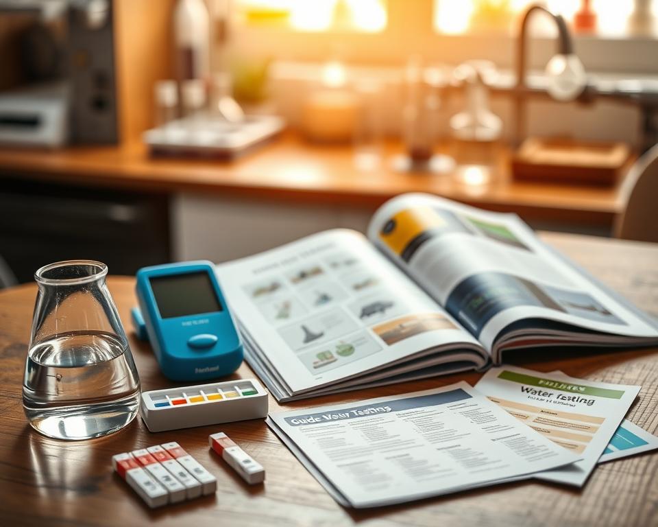 A well-organized scene showcasing various water testing resources on a wooden table. Foreground: a focus on a clear glass beaker filled with water, a digital water quality meter, and test strips in their packaging. Middle ground: an open guidebook on water testing basics, alongside a few colorful pamphlets and charts about water quality. Background: softly blurred images of a laboratory setup with test tubes and scientific equipment. Natural daylight streams in through a nearby window, illuminating the scene and creating soft shadows. The atmosphere is calm and educational, intended to inspire curiosity and professionalism in water testing practices.
