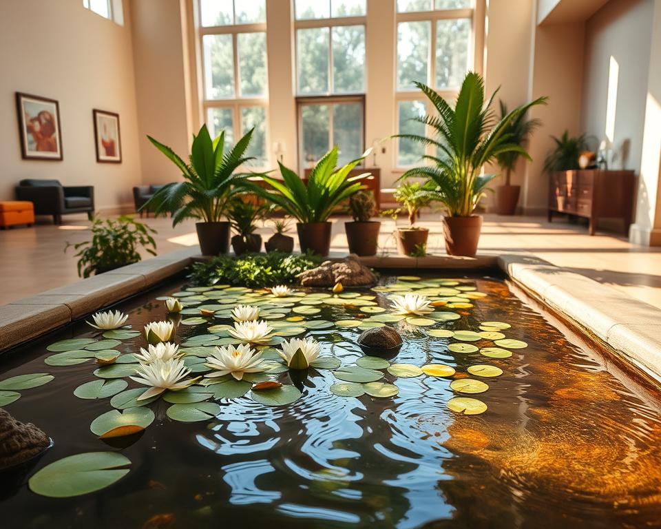 An inviting indoor pond setup, located in a spacious, sunlit room with tall windows letting in natural light. In the foreground, a serene pond is brimming with delicate water lilies and gently rippling water. Smooth, polished stones line the edges of the pond. In the middle, lush greenery including small, potted ferns and tropical plants surround the pond, creating a tranquil environment. The background reveals soft, neutral-colored walls adorned with tasteful artwork and a hint of modern décor. Warm, golden lighting casts a calming glow over the scene, enhancing the peaceful atmosphere. The angle is slightly elevated, showcasing the entire composition, inviting viewers to imagine the serene ambiance of the space.