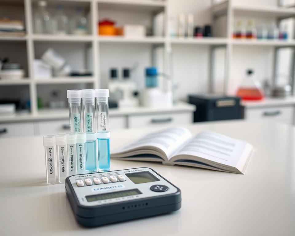 Compact water testing equipment neatly arranged on a clean, white laboratory table. In the foreground, a portable testing kit with tubes, test strips, and a digital meter is prominently displayed, showcasing its compact design and essential components. In the middle ground, a user-friendly guidebook lies open next to the kit, emphasizing ease of use. The background features a blurred laboratory setting with shelves of various scientific instruments, conveying a professional atmosphere. Soft, natural lighting highlights the equipment, creating a bright and inviting scene. The angle is slightly elevated, focusing on the testing kit while softly blurring the background, enhancing the main subject's importance. The overall mood is informative and reliable, reflecting the essence of safe and pure water testing.